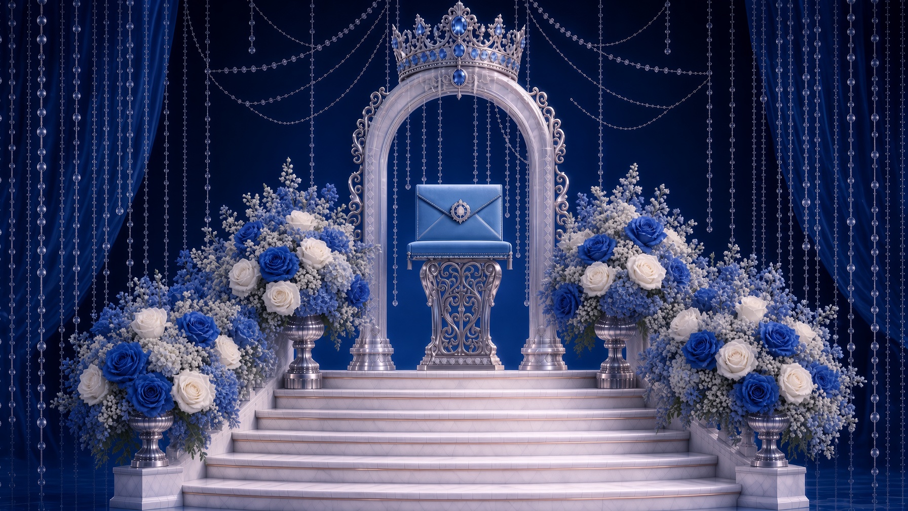 Um envelope azul lacrado, sobre um pedestal prateado, ao pé de uma escadaria de mármore entre rosas azuis